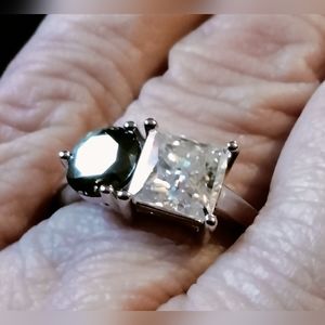 White and Green Moissanite Toi-Moi Ring in Rhodium Over Sterling Silver